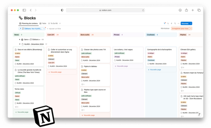 notion, l'outil qui nous permet d'organiser nos contenus de newsletter, outil idéal pour nos cerveaux fans de bases de données et de travail collaboratif : vous pouvez en effet y organiser votre information comme vous le souhaitez, connecter des espaces entre eux, regarder les listes sous des angles différents (table, agenda, kanban...). notion, l'outil qui nous permet d'organiser nos contenus de newsletter, outil idéal pour nos cerveaux fans de bases de données et de travail collaboratif : vous pouvez en effet y organiser votre information comme vous le souhaitez, connecter des espaces entre eux, regarder les listes sous des angles différents (table, agenda, kanban...).